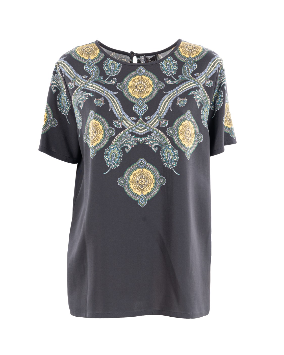 shop ETRO  T-shirt: Etro maglia a maniche corte con fantasia.
Design con iconica stampa multicolor del brand all-over.
Girocollo.
Chiusura sul retro con bottone tono su tono.
Vestibilità morbida.
Composizione: 96% VISCOSA 4% ELASTAN.
Made in Italy.. WRJA0025 AK435-X0811 number 362061